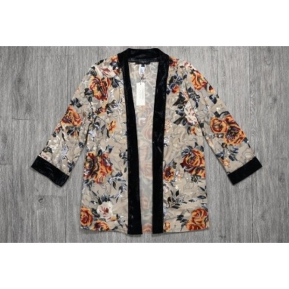 NWT Womens XL Floral Velvet Burnout Sheer Kimono Wrap Gold Metallic Rose Black
